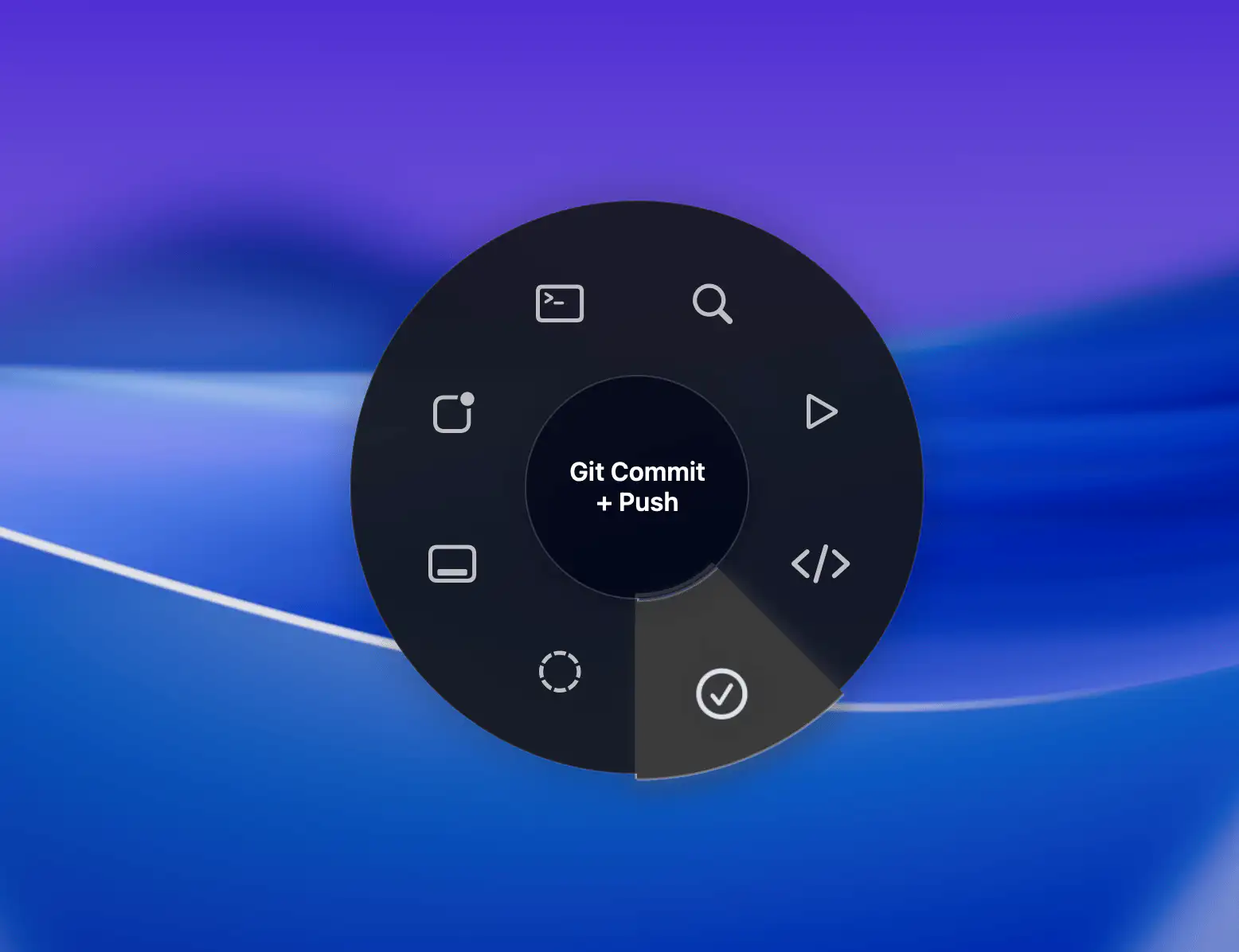 Radial pie menu showing keyboard shortcuts for a Mac app at the cursor